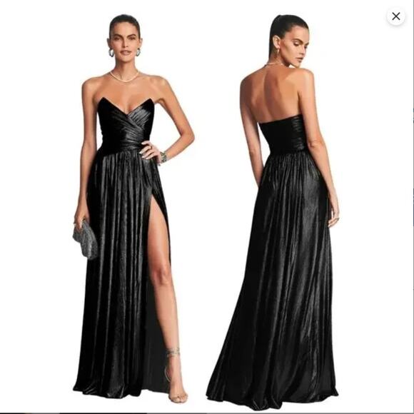 Retroféte Dresses & Skirts - Retrofete Waldorf Pleated Lame Gown Maxi Strapless Ruched Side Slit Black Size M